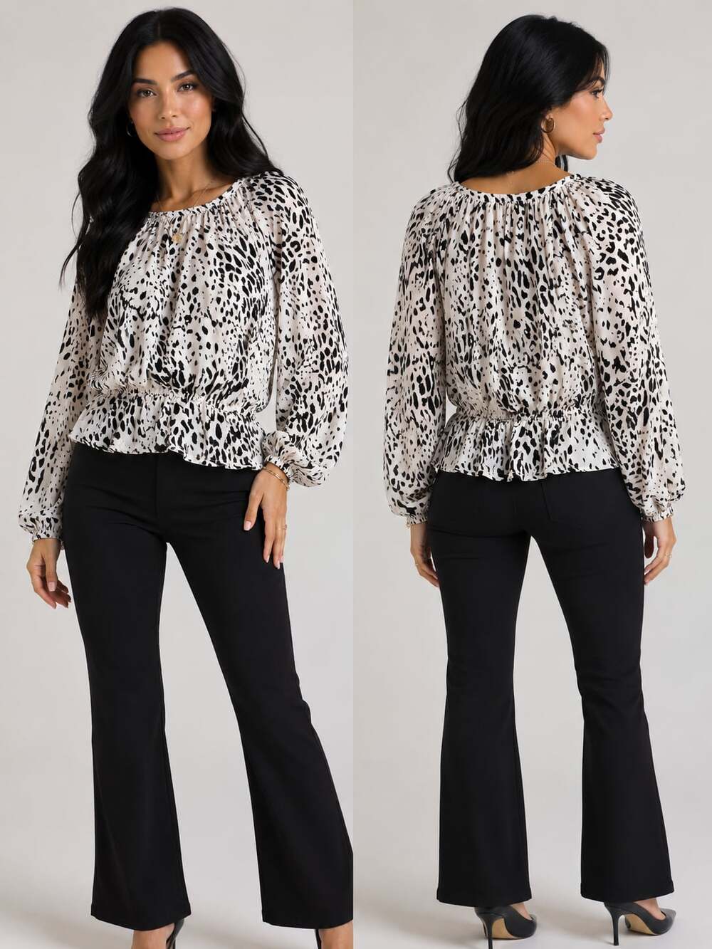 Collective Concepts Black and White Animal Print Smocked Waist Blouse
M94